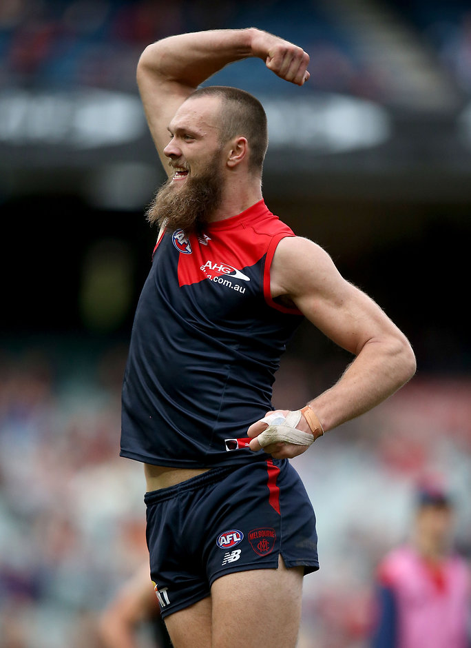 AFL 2016 Rd 20 - Melbourne v Hawthorn MELBOURNE, AUSTRALIA - AUGUST 06: Max Gawn of the Demons celebrates a goal during the 2016 AFL Round 20 match between the Melbourne Demons and the Hawthorn Hawks at the Melbourne Cricket Ground on August 06, 2016 in Melbourne, Australia. (Photo by Justine Walker/AFL Media)